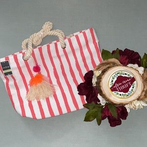 Pink and White Beach Tote with electric orange